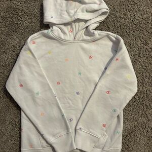Champion Kids White Hoodie with Multicolor Logo Accents